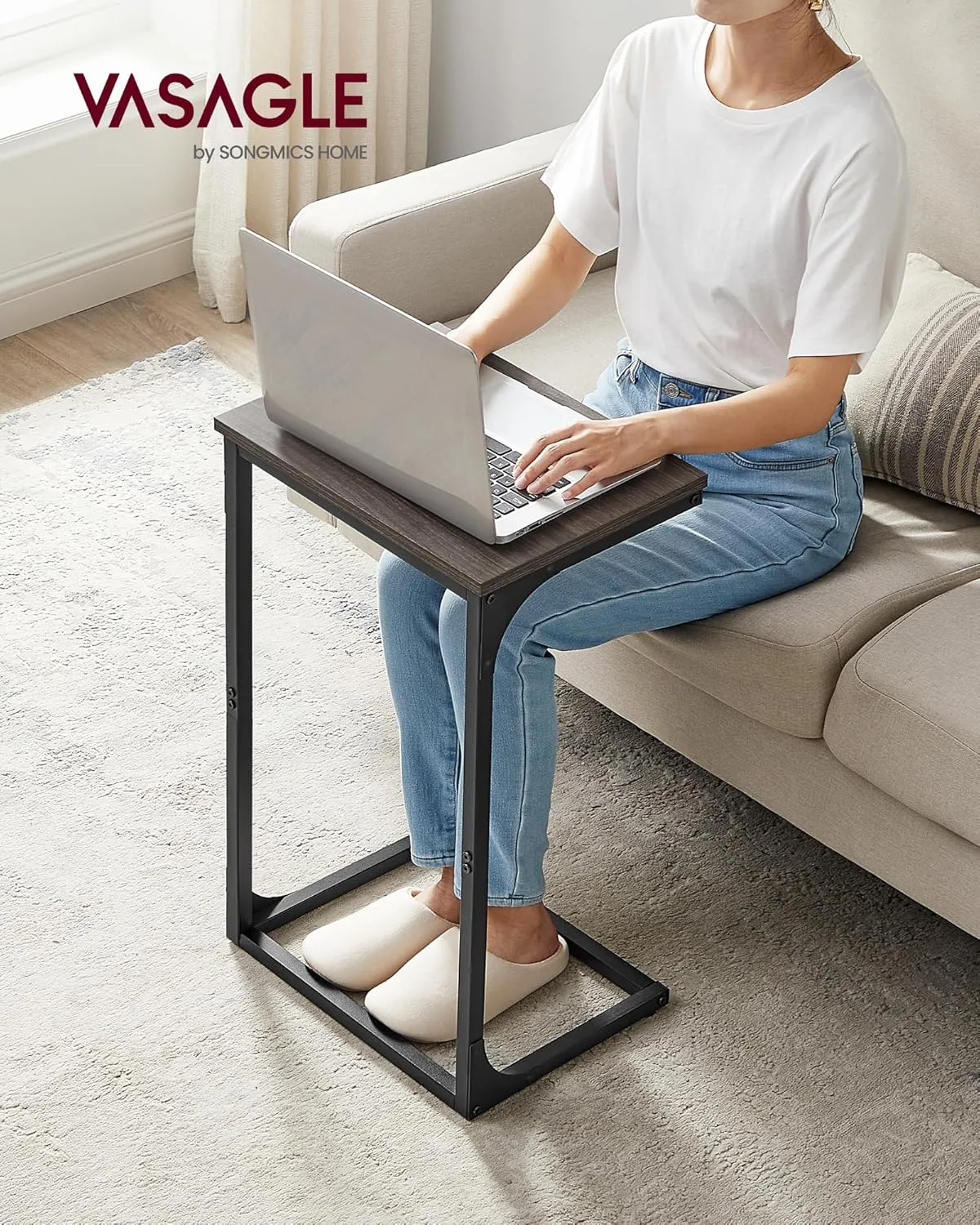 VASAGLE C-Shaped End Table, Side Table for Sofa, Couch Table with Metal Frame, Small TV Tray Table for Living Room, Bedroom, Chestnut Brown and Black