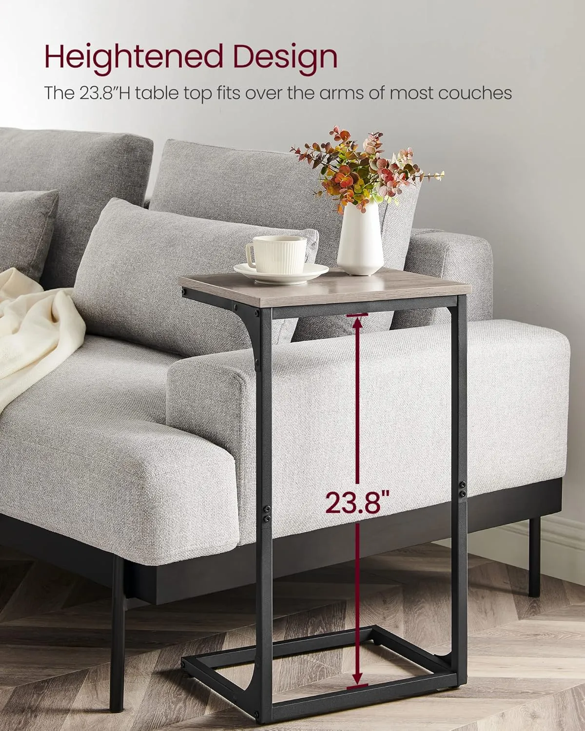 VASAGLE C-Shaped End Table, Side Table for Sofa, Couch Table with Metal Frame, Small TV Tray Table for Living Room, Bedroom, Greige and Black