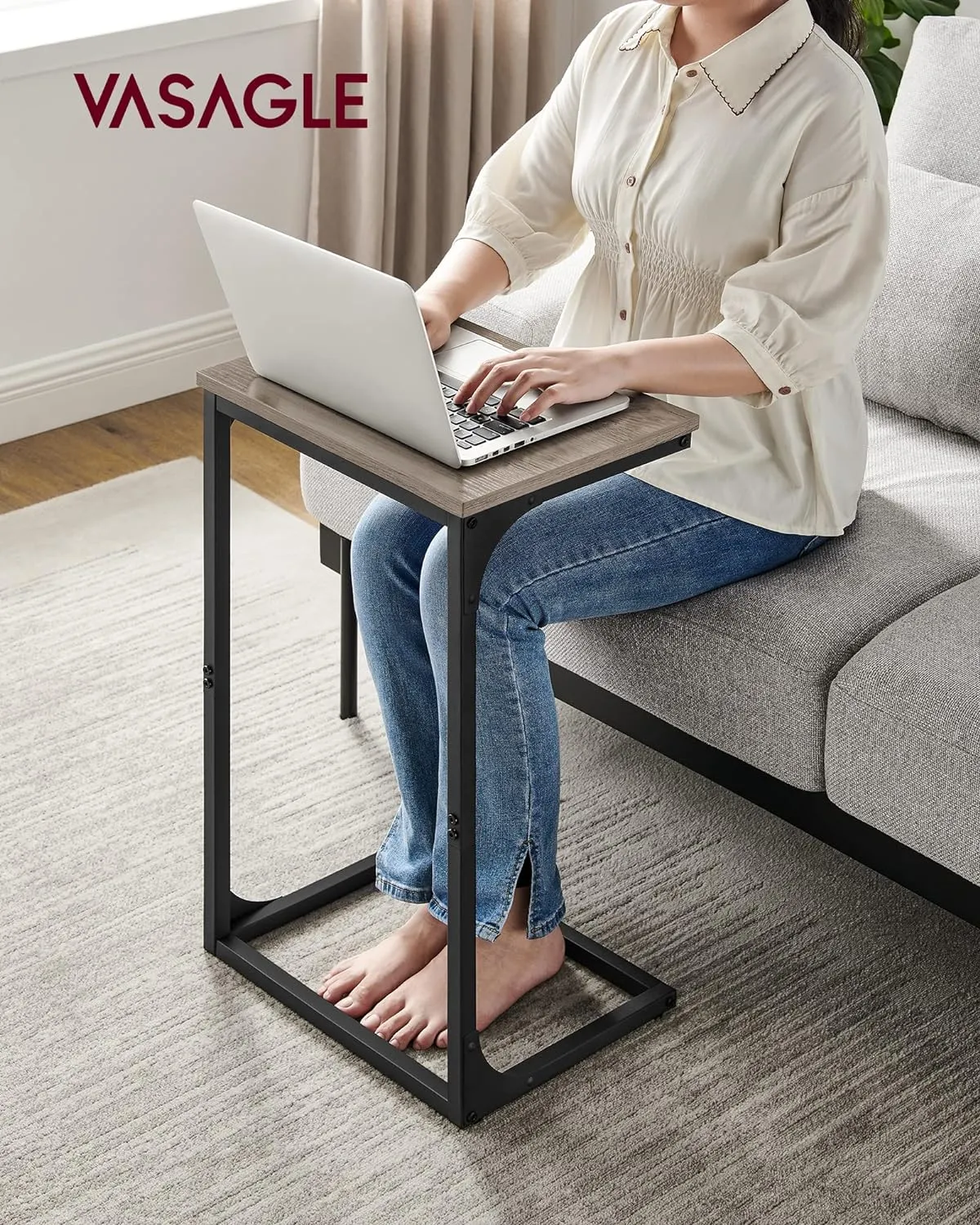 VASAGLE C-Shaped End Table, Side Table for Sofa, Couch Table with Metal Frame, Small TV Tray Table for Living Room, Bedroom, Greige and Black