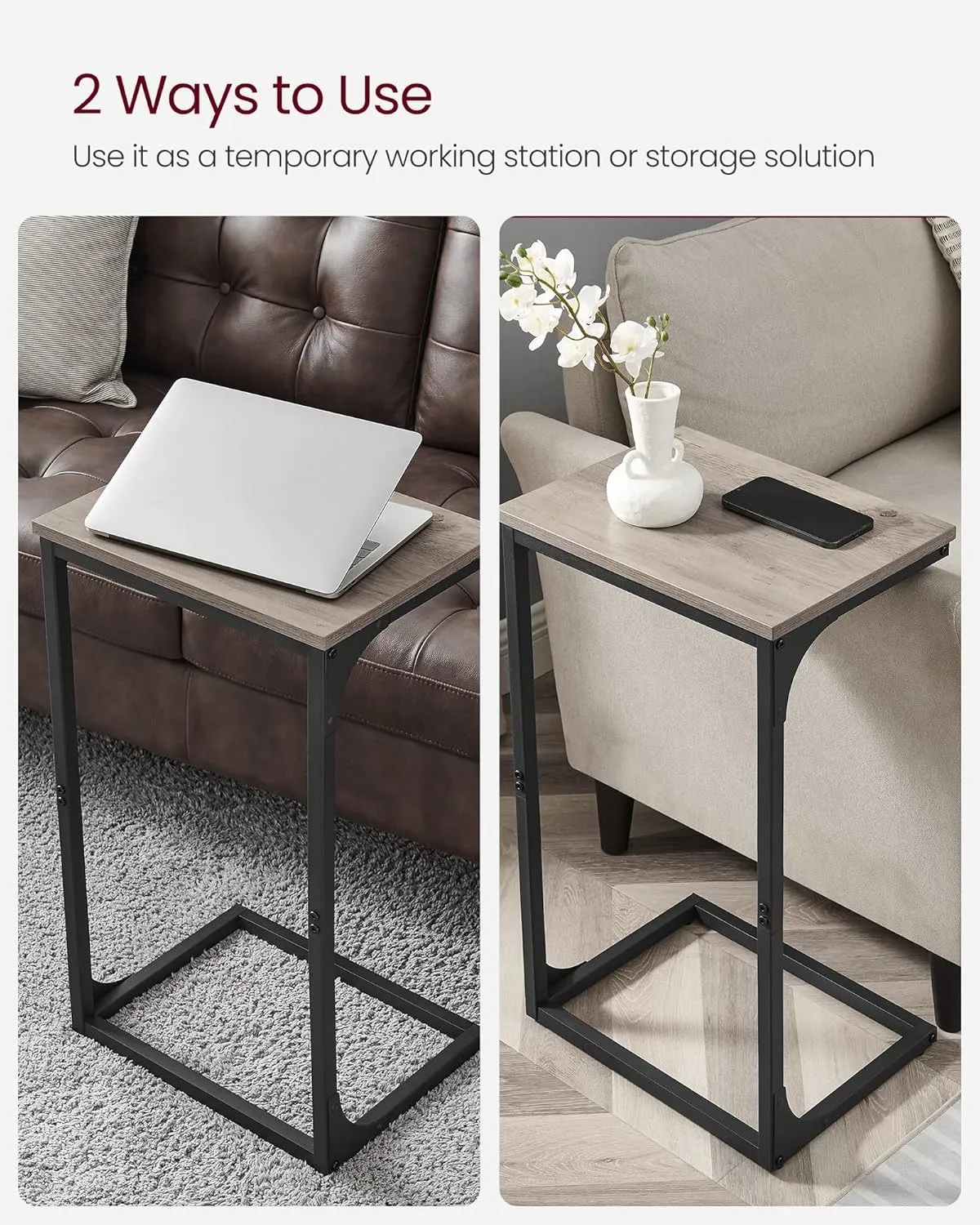 VASAGLE C-Shaped End Table, Side Table for Sofa, Couch Table with Metal Frame, Small TV Tray Table for Living Room, Bedroom, Greige and Black