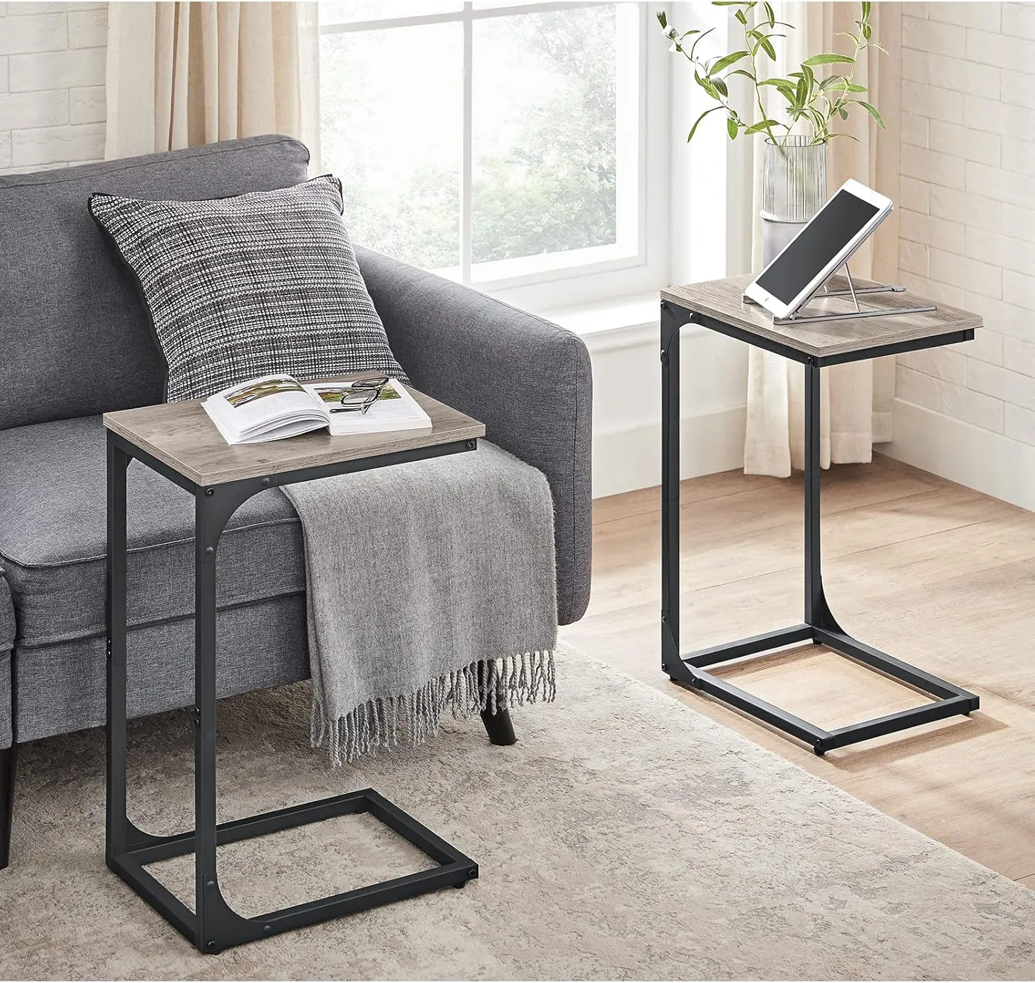 VASAGLE C-Shaped End Table, Small Side Table for Couch, Sofa Table with Metal Frame for Living Room, Bedroom, Bedside, Greige and Black