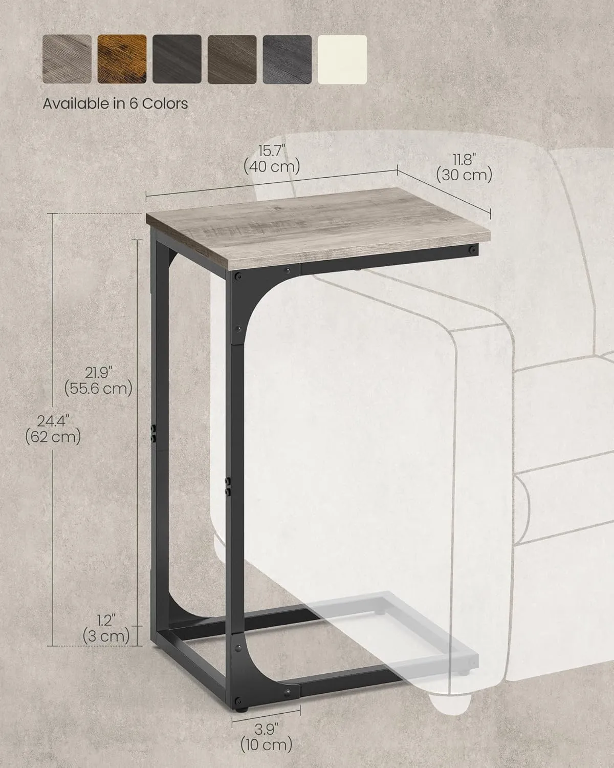VASAGLE C-Shaped End Table, Small Side Table for Couch, Sofa Table with Metal Frame for Living Room, Bedroom, Bedside, Greige and Black