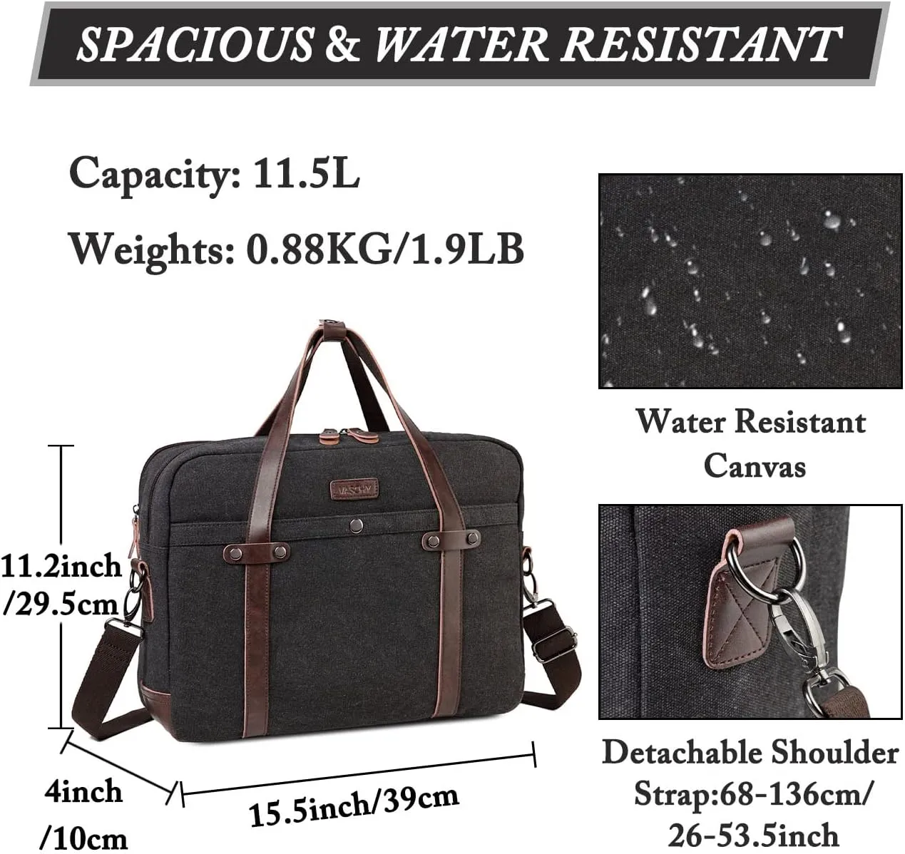 VASCHY Laptop Bag for Men, Vintage Canvas Water Resistant 15.6 inch Messenger Bag Business Briefcase Shoulder Bag