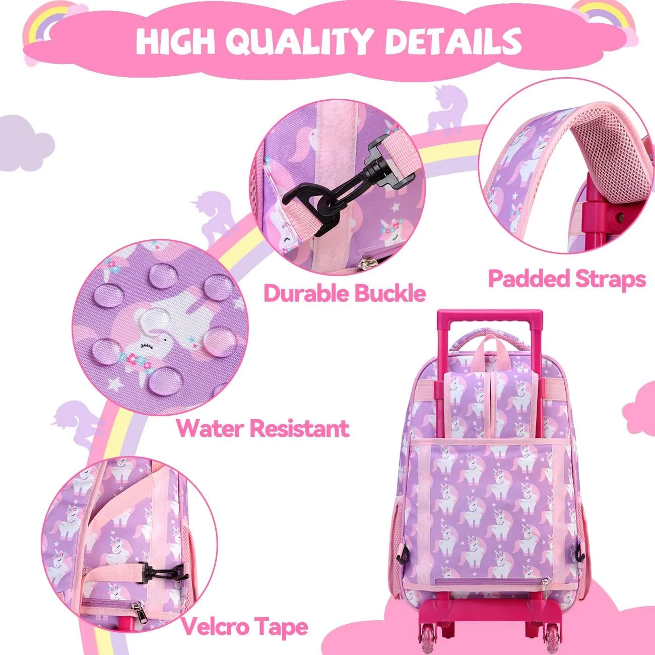VASCHY Rolling Backpack Kids, 17in Water Resistant Large Schoolbag Carry-on Travel Trip Bag with Wheels for Girls Unicorn