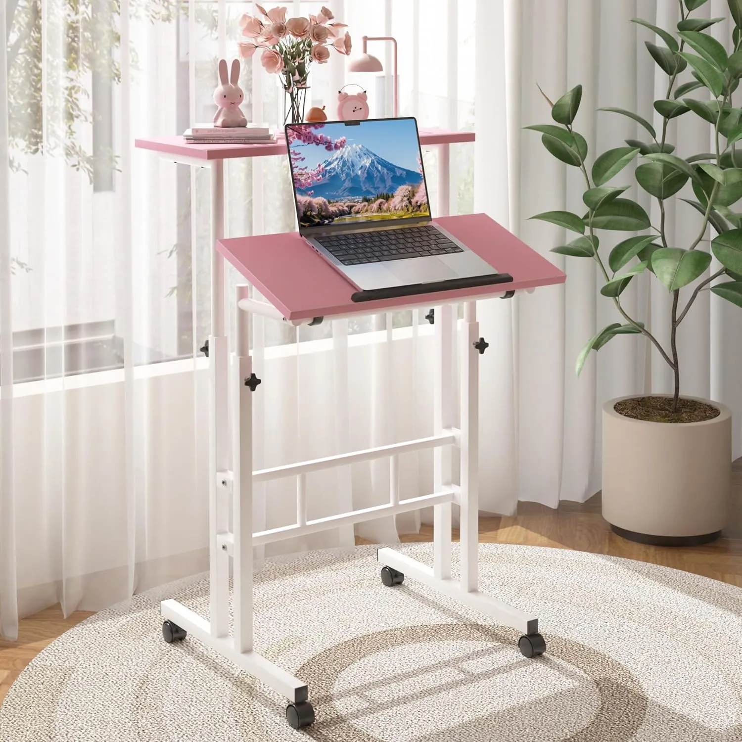 VECELO Small Mobile Standing Desk 24 Inch, Adjustable Height Portable Stand Up Desk with Wheels Computer Workstations, Rolling Laptop Cart, Pink