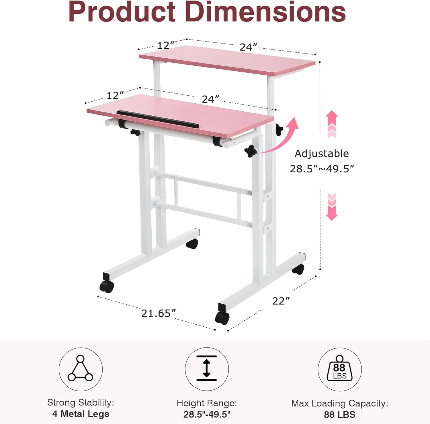 VECELO Small Mobile Standing Desk 24 Inch, Adjustable Height Portable Stand Up Desk with Wheels Computer Workstations, Rolling Laptop Cart, Pink