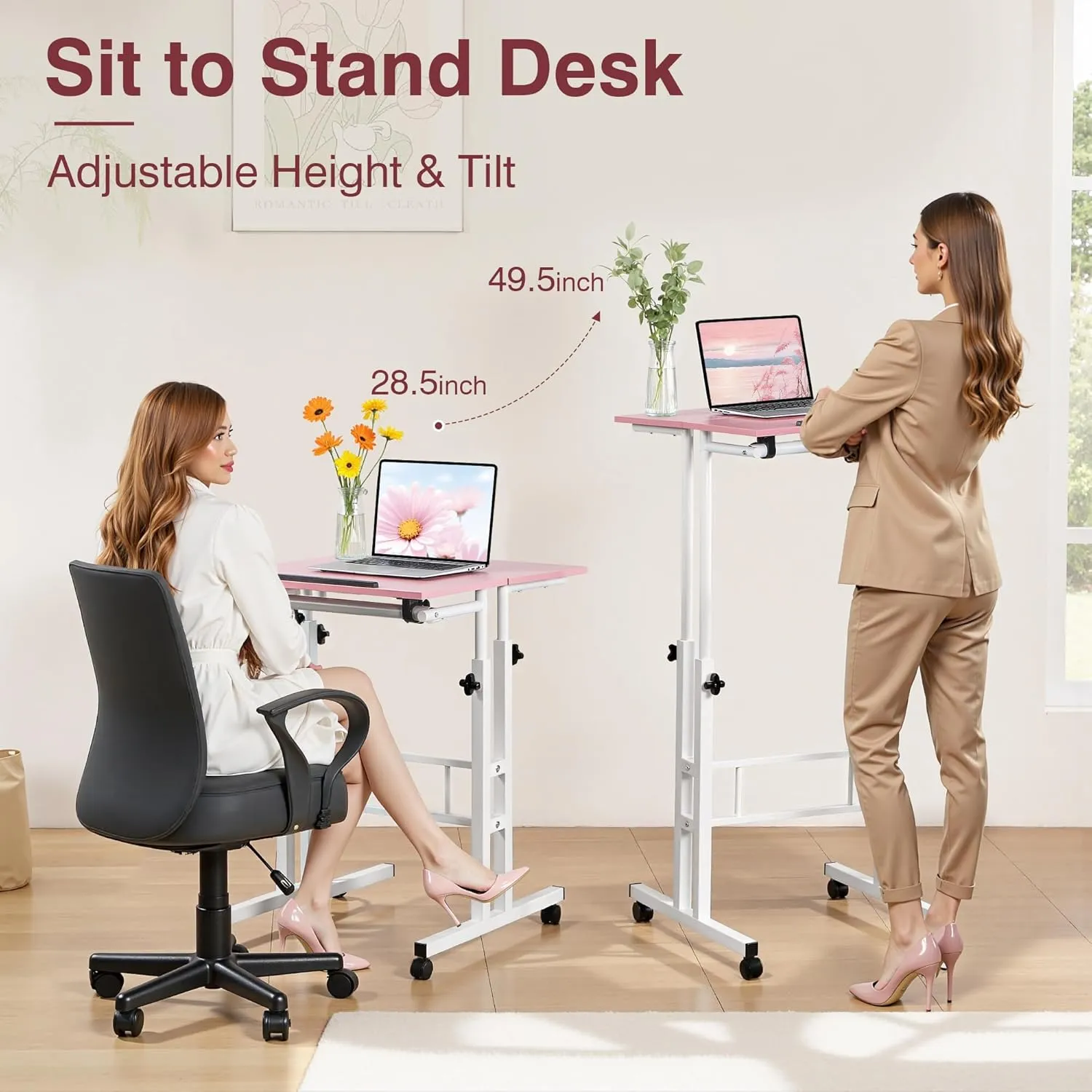 VECELO Small Mobile Standing Desk 24 Inch, Adjustable Height Portable Stand Up Desk with Wheels Computer Workstations, Rolling Laptop Cart, Pink
