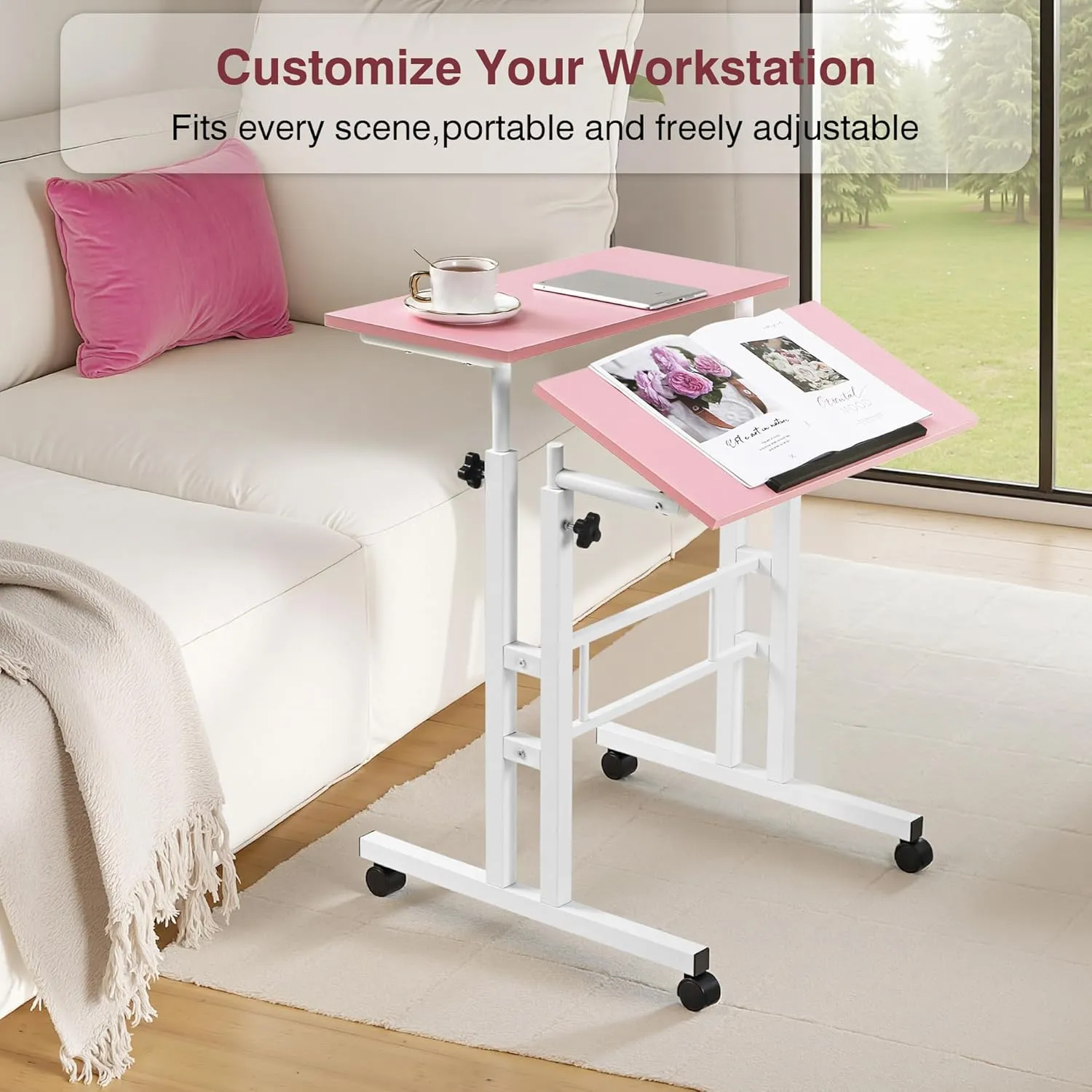 VECELO Small Mobile Standing Desk 24 Inch, Adjustable Height Portable Stand Up Desk with Wheels Computer Workstations, Rolling Laptop Cart, Pink