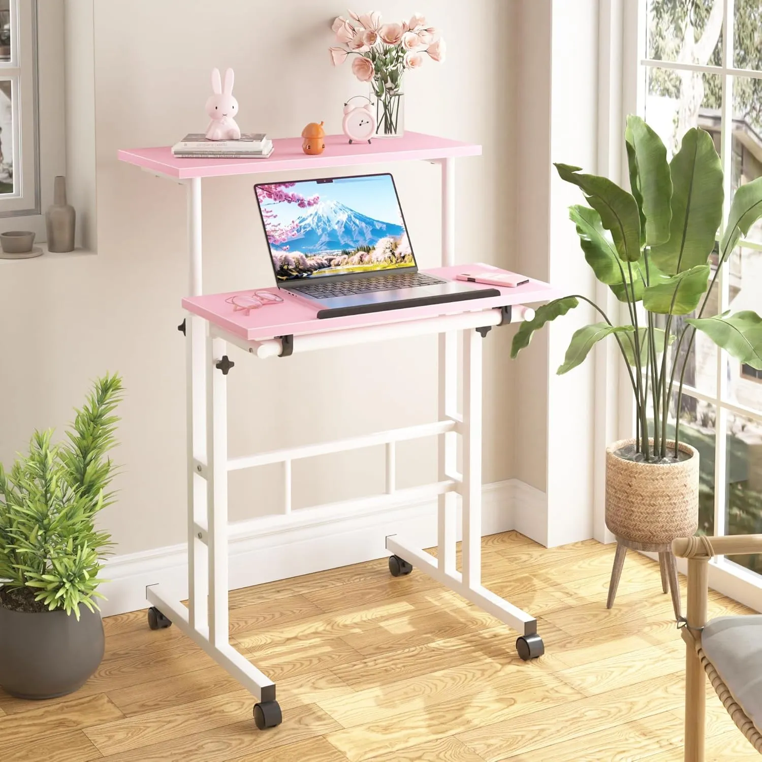 VECELO Small Mobile Standing Desk 24 Inch, Adjustable Height Portable Stand Up Desk with Wheels Computer Workstations, Rolling Laptop Cart, Pink