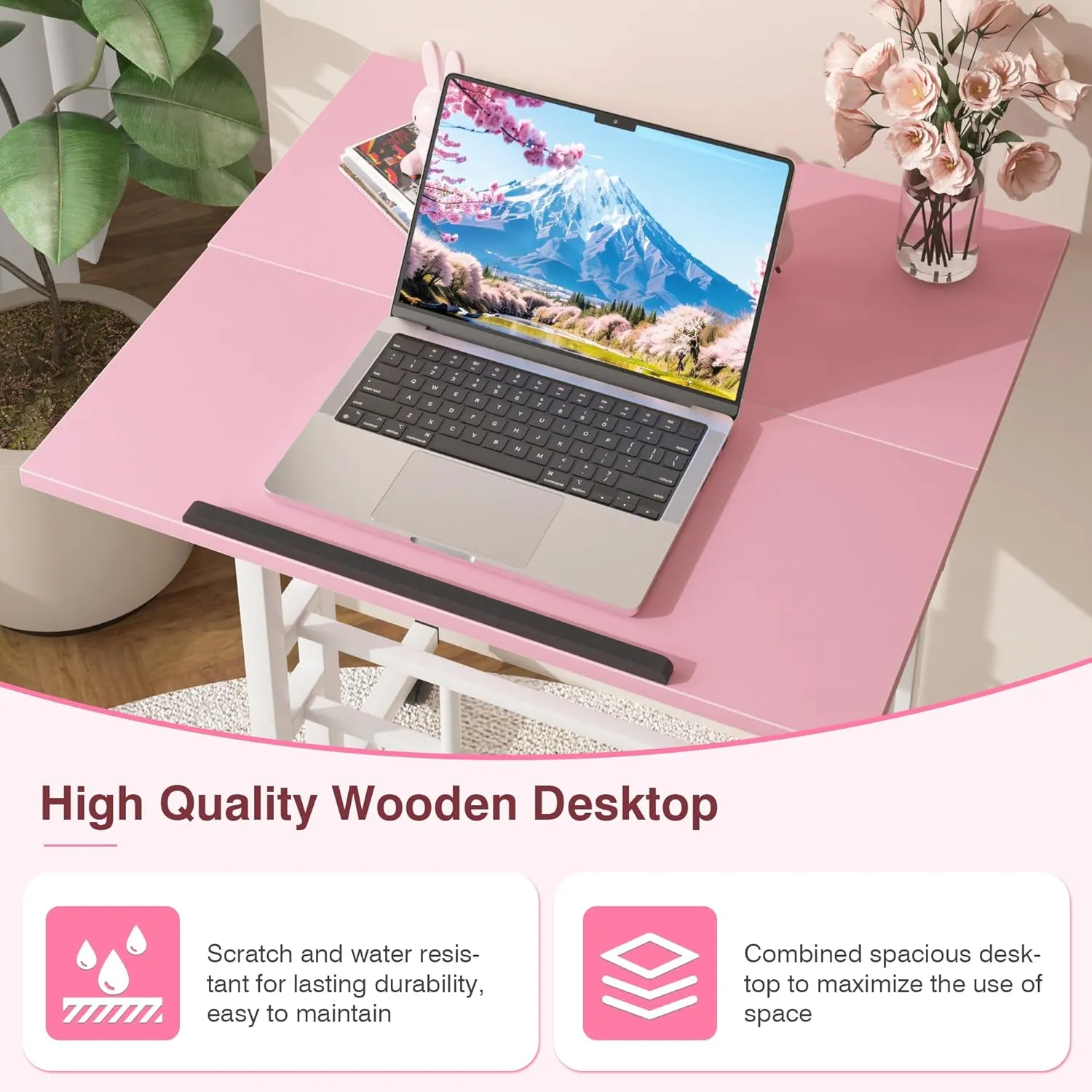 VECELO Small Mobile Standing Desk 24 Inch, Adjustable Height Portable Stand Up Desk with Wheels Computer Workstations, Rolling Laptop Cart, Pink