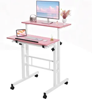 VECELO Small Mobile Standing Desk 24 Inch, Adjustable Height Portable Stand Up Desk with Wheels Computer Workstations, Rolling Laptop Cart, Pink