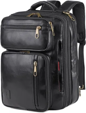 Vegan Leather Laptop Backpack Briefcase Hybrid 15.6 Inch Laptop Travel Backpack Hiking College Backpack for Men BC-04 (Black)