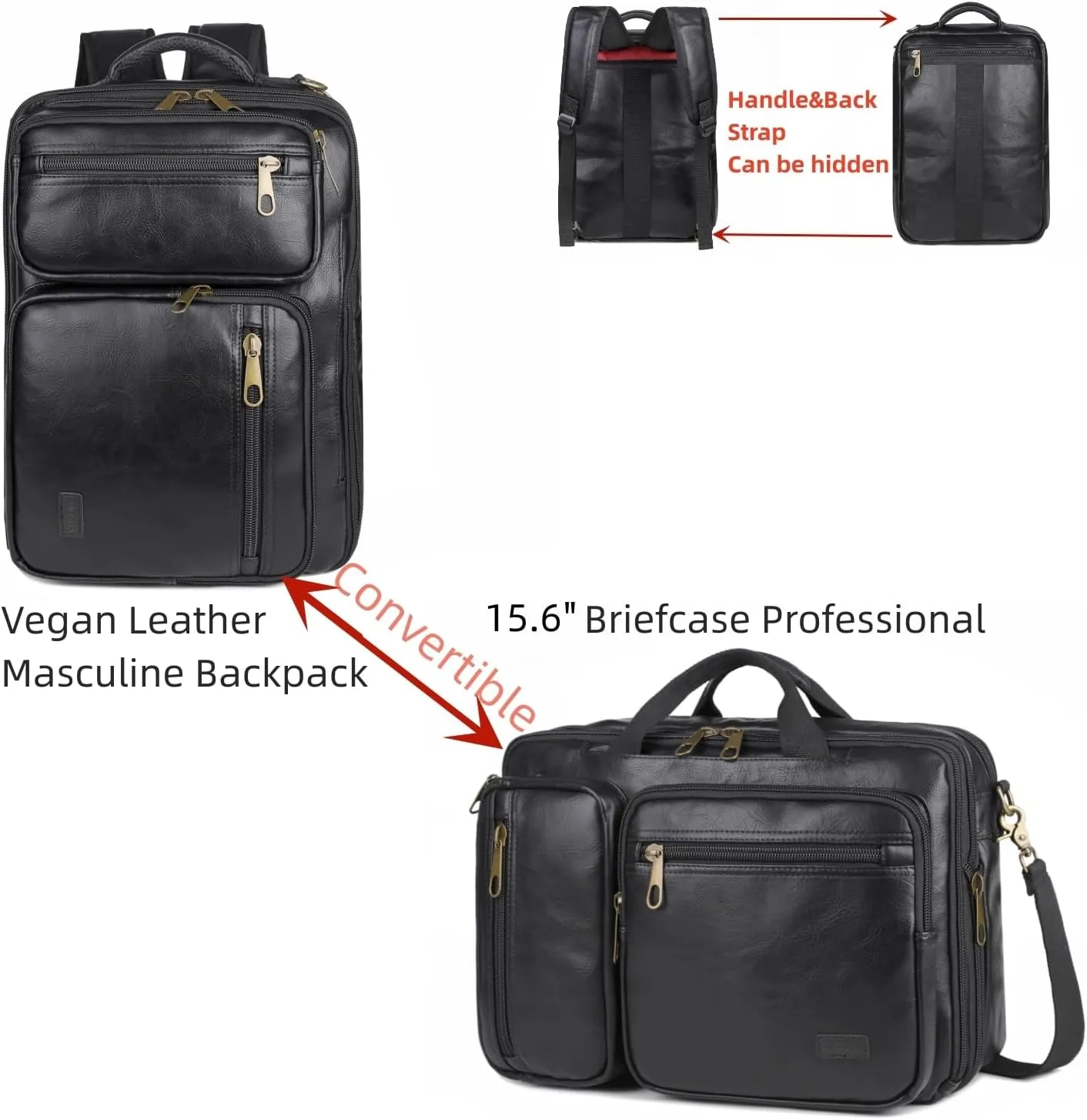Vegan Leather Laptop Backpack Briefcase Hybrid 15.6 Inch Laptop Travel Backpack Hiking College Backpack for Men BC-04 (Black)
