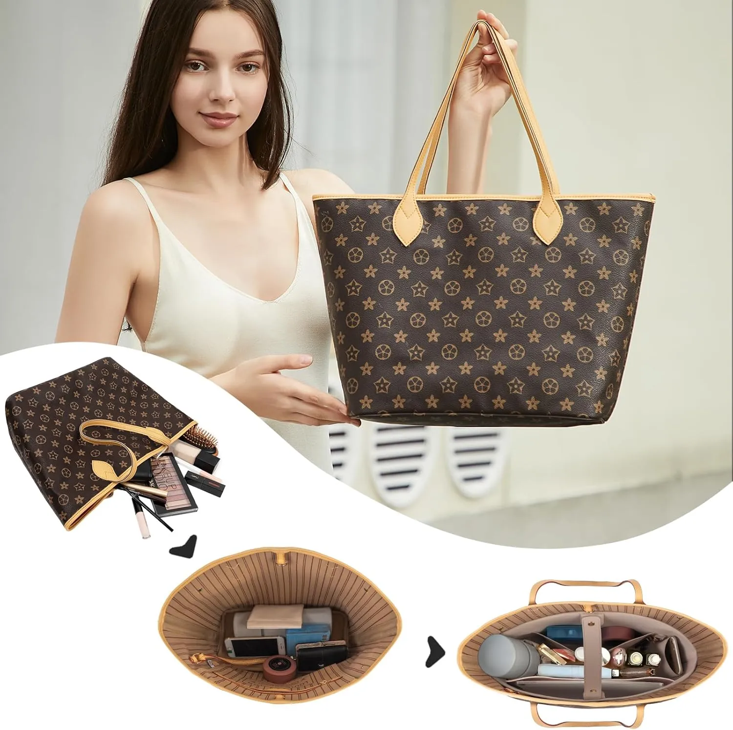 Vegan Leather Tote Bag Organizer Insert,Multi-Pocket Purse Organizers,with 15-Inch Laptop Compatible with LV Neverfull MM、Saint Laurent Tote and More(L)