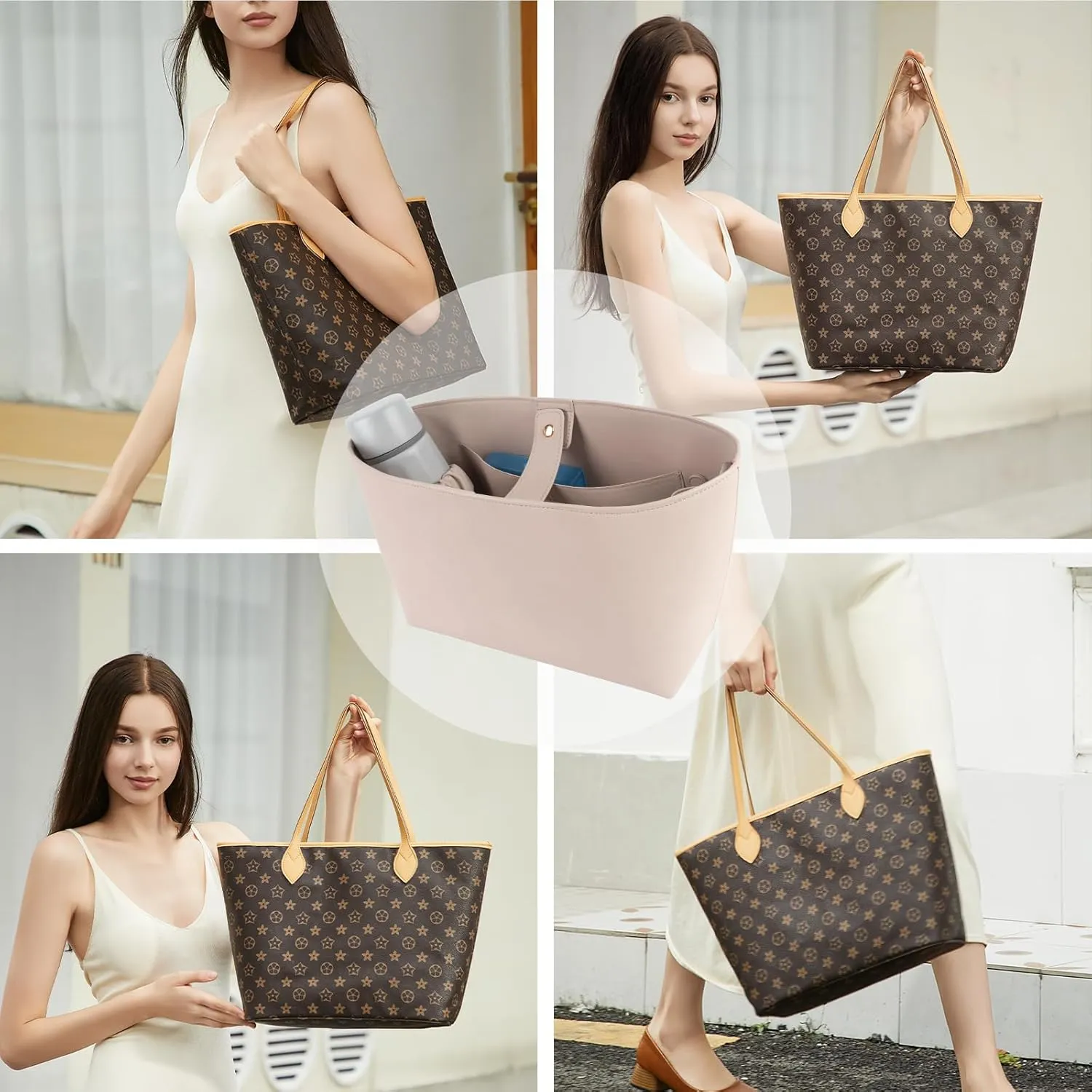 Vegan Leather Tote Bag Organizer Insert,Multi-Pocket Purse Organizers,with 15-Inch Laptop Compatible with LV Neverfull MM、Saint Laurent Tote and More(L)