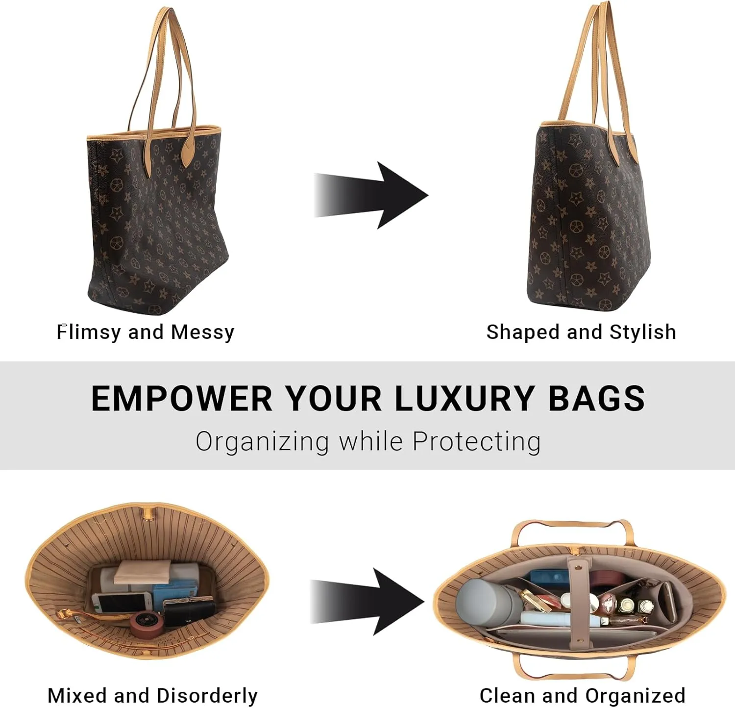 Vegan Leather Tote Bag Organizer Insert,Multi-Pocket Purse Organizers,with 15-Inch Laptop Compatible with LV Neverfull MM、Saint Laurent Tote and More(L)