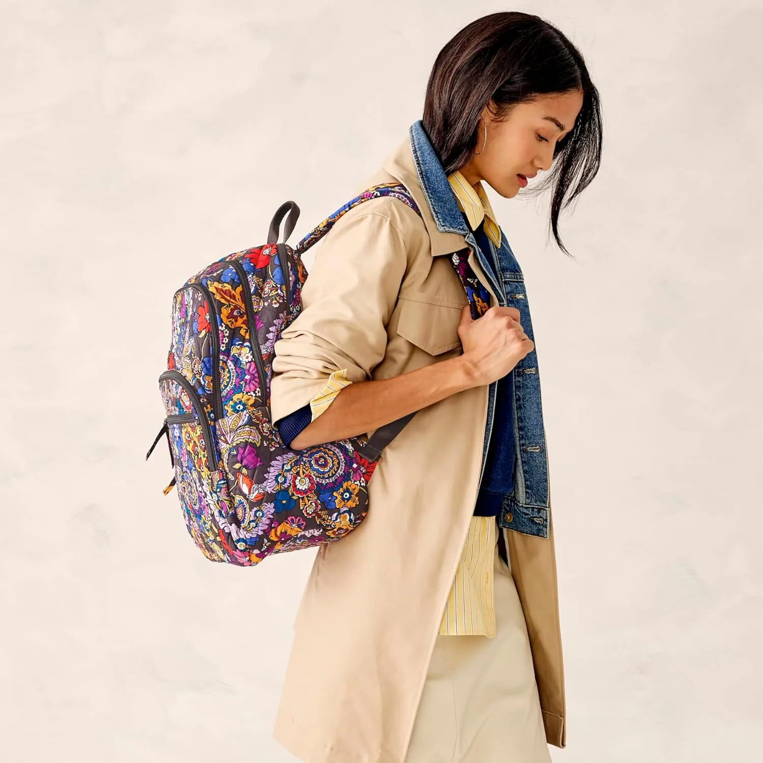 Vera Bradley Women's Premium Cotton Large Bancroft Backpack, Colorful Bouquet, One Size