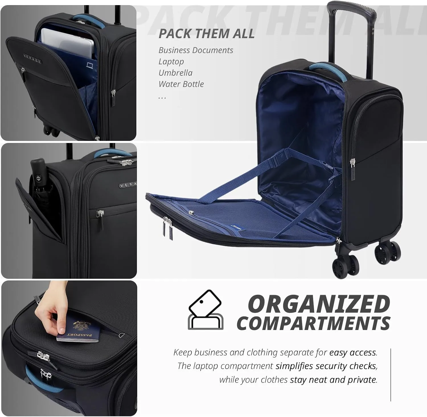 Verage 14 inch Underseat Carry On Luggage with Wheels, Black Softside Small Suitcase Spinner Wheeled Rolling Travel Laptop Bag for Airlines Airplanes Short Trip Men Women