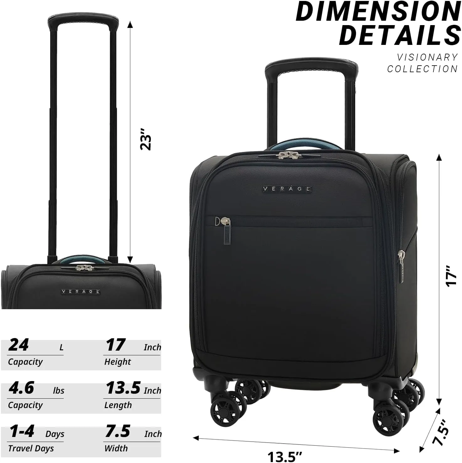 Verage 14 inch Underseat Carry On Luggage with Wheels, Black Softside Small Suitcase Spinner Wheeled Rolling Travel Laptop Bag for Airlines Airplanes Short Trip Men Women