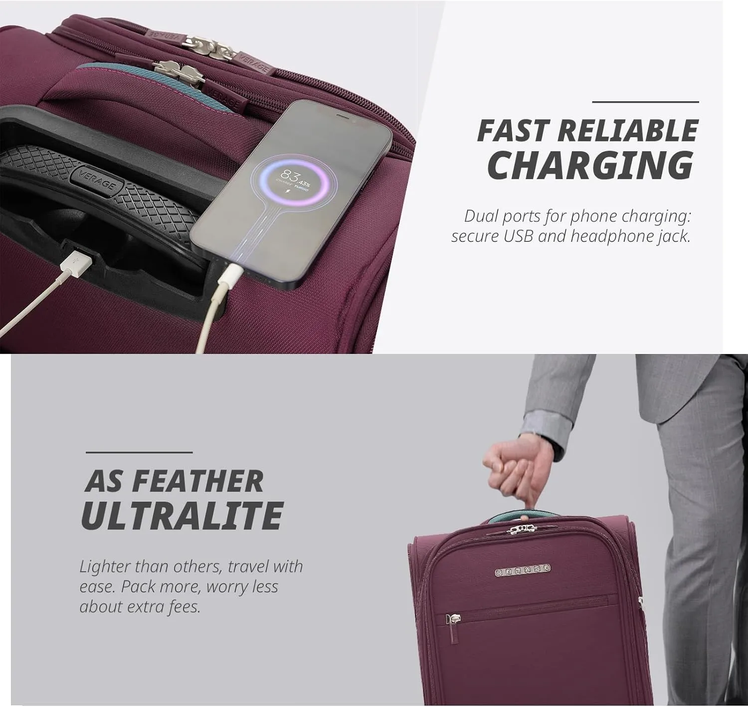 Verage 14 inch Underseat Carry On Luggage with Wheels, Grape red Softside Small Suitcase Spinner Wheeled Rolling Travel Laptop Bag for Airlines Airplanes Short Trip Men Women