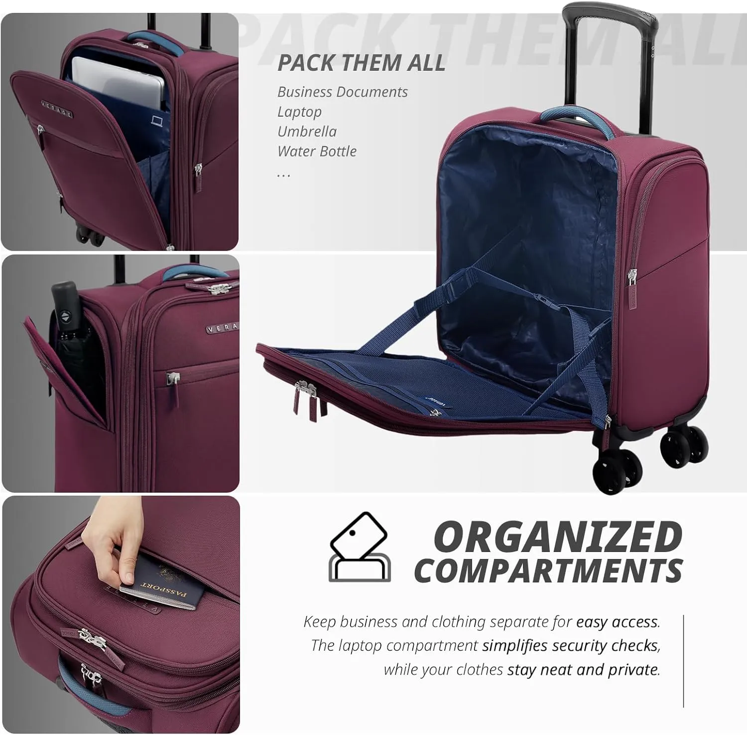 Verage 14 inch Underseat Carry On Luggage with Wheels, Grape red Softside Small Suitcase Spinner Wheeled Rolling Travel Laptop Bag for Airlines Airplanes Short Trip Men Women