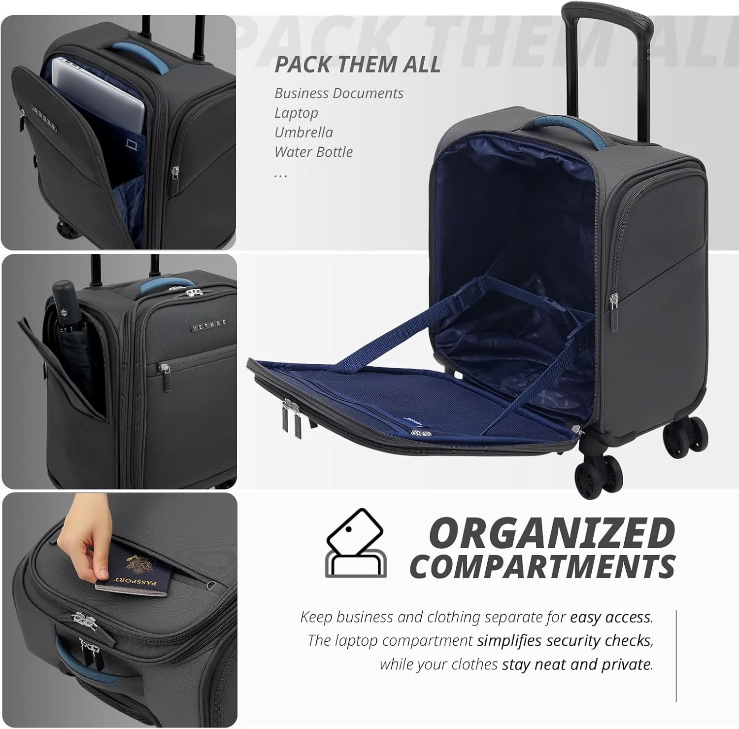 Verage 14.5 inch Underseat Carry On Luggage with Wheels, Softside Small Suitcase Spinner Wheeled Rolling Travel Laptop Bag for Airlines Men Women (Grey, 14.5-Inch Plus Underseat)