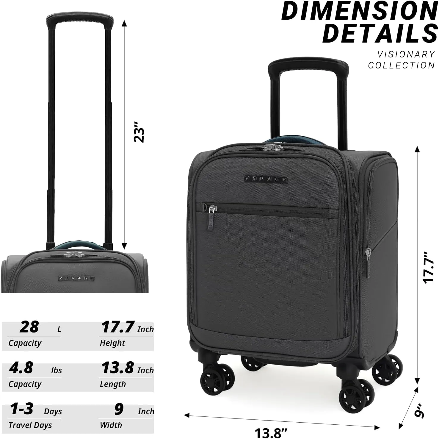 Verage 14.5 inch Underseat Carry On Luggage with Wheels, Softside Small Suitcase Spinner Wheeled Rolling Travel Laptop Bag for Airlines Men Women (Grey, 14.5-Inch Plus Underseat)