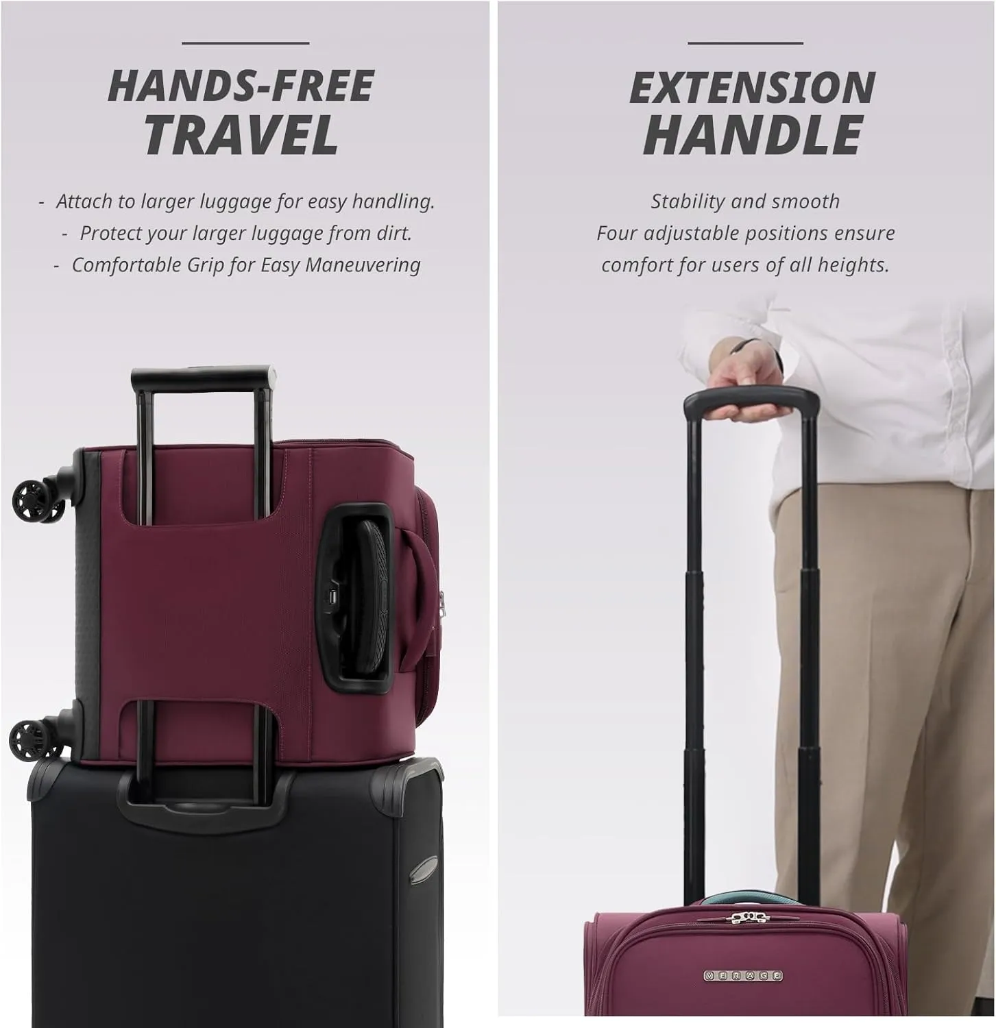 Verage 14.5 inch Underseat Carry On Luggage with Wheels, Softside Small Suitcase Spinner Wheeled Rolling Travel Laptop Bag for Airlines Short Trip Men Women (Grape red, 14.5-Inch Plus Underseat)