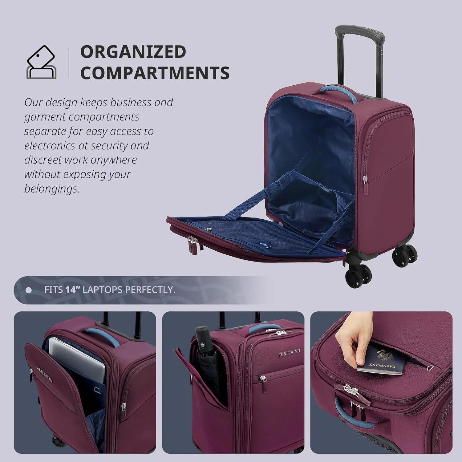 Verage Underseat Carry On Luggage with Wheels & USB Port,14 inch Wheeled Spinner Bag Carry-on Luggages for Airlines, Lightweight Suitcase Men Women, Pilots and Crew (14.5-Inch Plus Underseat Pro)