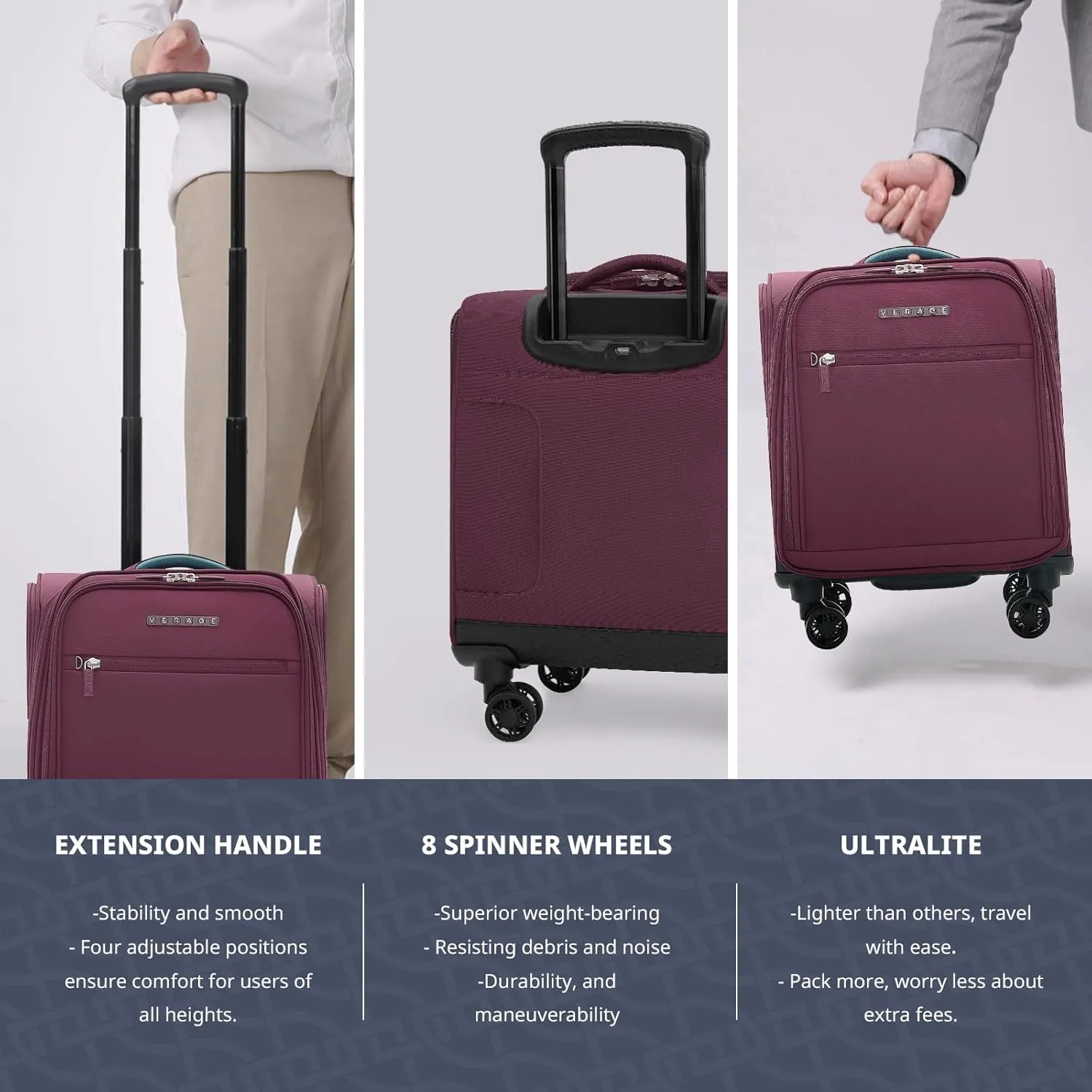 Verage Underseat Carry On Luggage with Wheels & USB Port,14 inch Wheeled Spinner Bag Carry-on Luggages for Airlines, Lightweight Suitcase Men Women, Pilots and Crew (14.5-Inch Plus Underseat Pro)