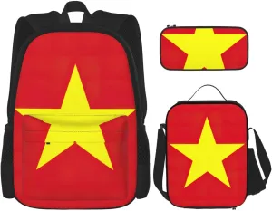 Vietnamese Flag Print Versatile Adjustable Shoulder Fashion Backpack Lunch Bag Pencil Case Large Capacity
