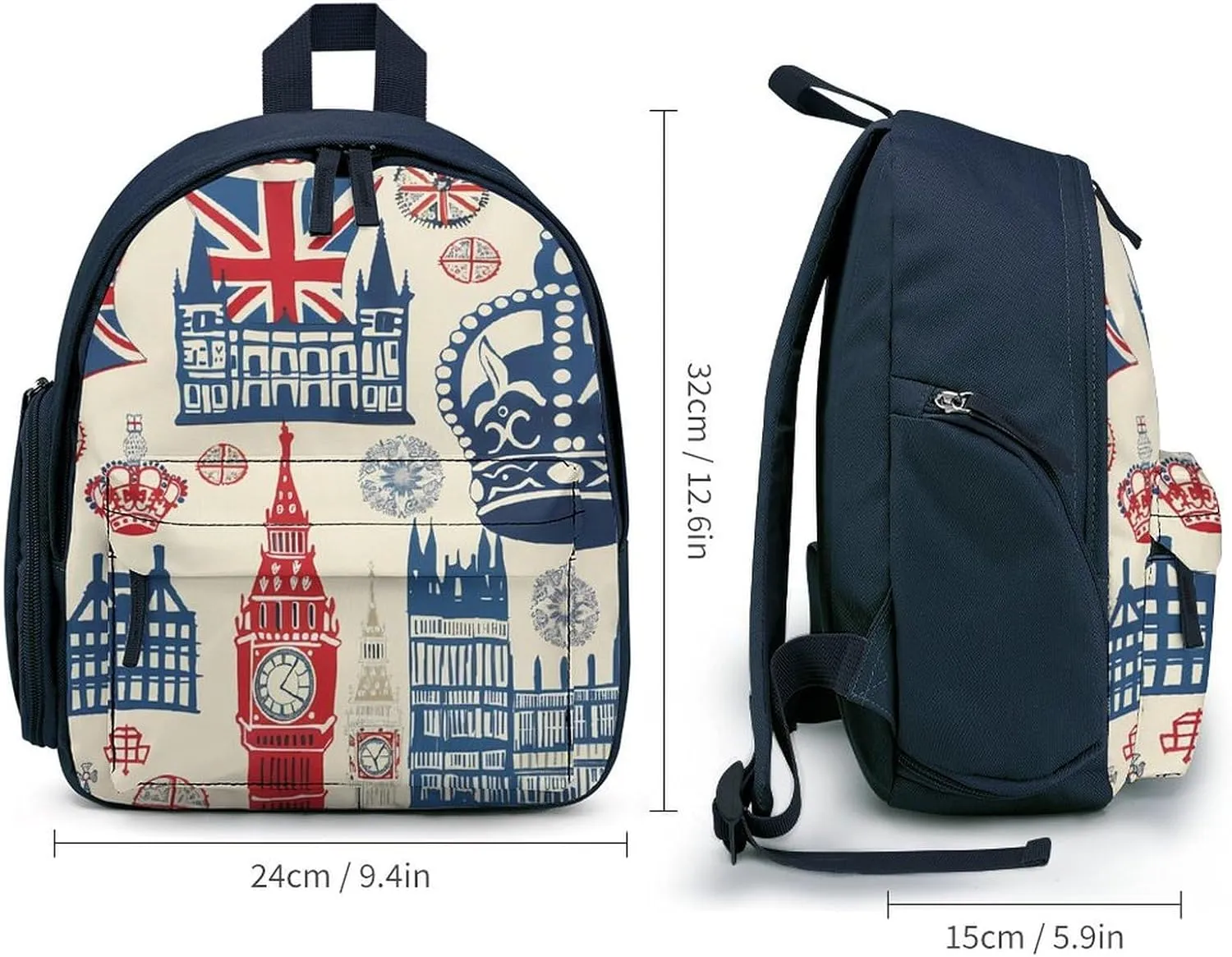 Vintage England London Big Ben Red Blue Crown Cute Backpack Lightweight Mini Shoulder Bag Travel Daypack for Camping Picnic