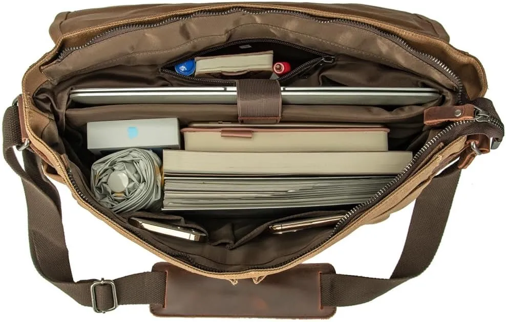 Vintage Genuine Leather Waxed Canvas Briefcase Large Satchel Shoulder Bag Rugged Computer 15.6" Laptop Bag