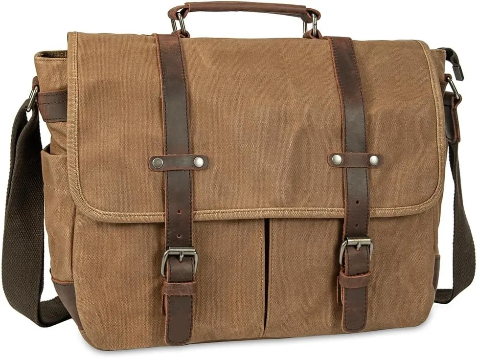 Vintage Genuine Leather Waxed Canvas Briefcase Large Satchel Shoulder Bag Rugged Computer 15.6" Laptop Bag