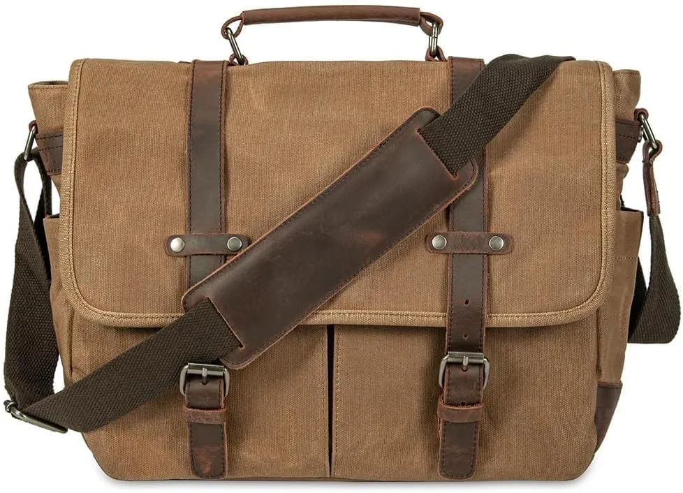 Vintage Genuine Leather Waxed Canvas Briefcase Large Satchel Shoulder Bag Rugged Computer 15.6" Laptop Bag