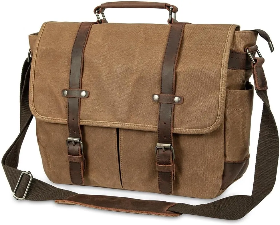 Vintage Genuine Leather Waxed Canvas Briefcase Large Satchel Shoulder Bag Rugged Computer 15.6" Laptop Bag