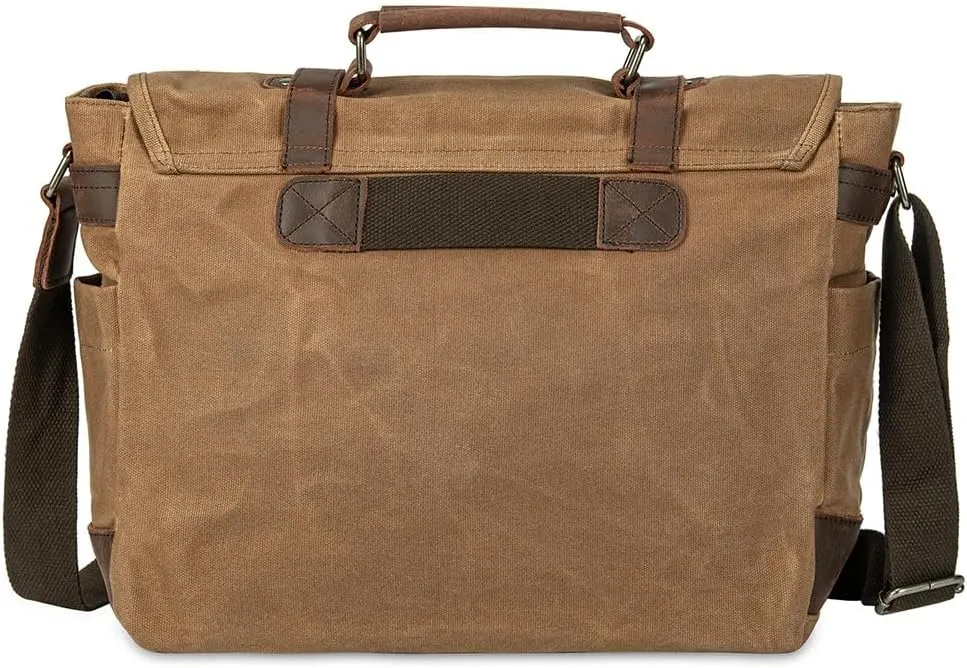 Vintage Genuine Leather Waxed Canvas Briefcase Large Satchel Shoulder Bag Rugged Computer 15.6" Laptop Bag