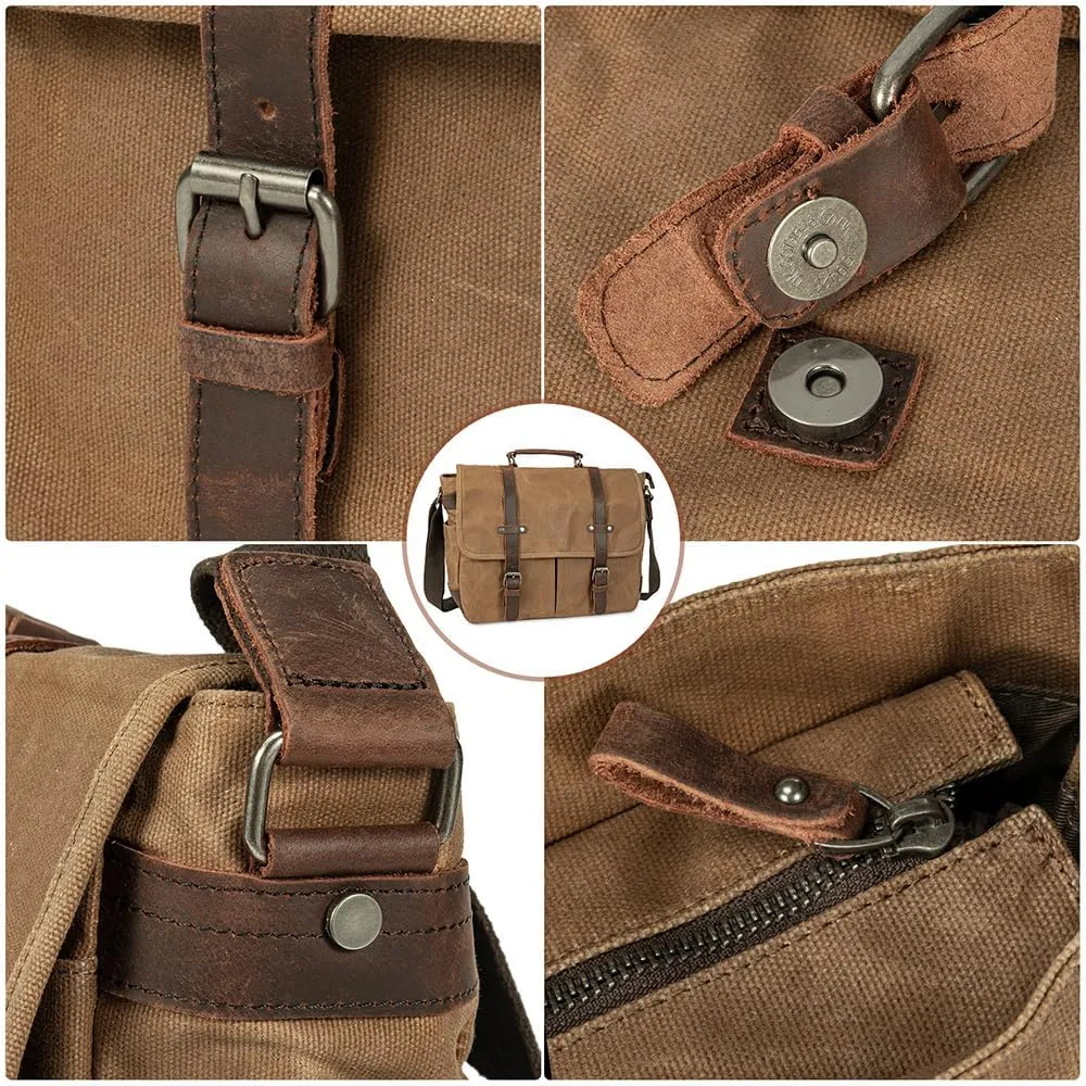 Vintage Genuine Leather Waxed Canvas Briefcase Large Satchel Shoulder Bag Rugged Computer 15.6" Laptop Bag