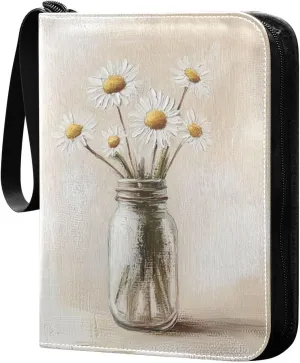 Vintage Oil Painting Of Daisies Cards Binder 4 Pocket Fits 400 Cards with 50 Removable Sleevesves, Trading Card Collector Zipper Album Holder Portable Card Games Display Storage Cases