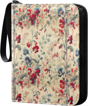 Vintage Sweet Pea Floral Card Binder 4 Pocket Trading Card Album Fits 400 Sports/Game Cards, PU Cover 3 Ring Card Collection with 50 Removable Sleeves