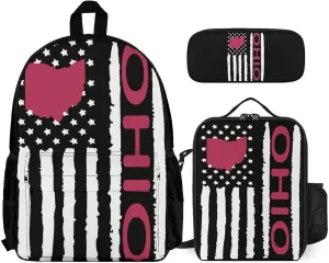 Vintage U.S. Ohio Map Flag Casual Backpack Set 3-in-1 Lunch Bag Cute Pencil Case Bag Travel Unisex