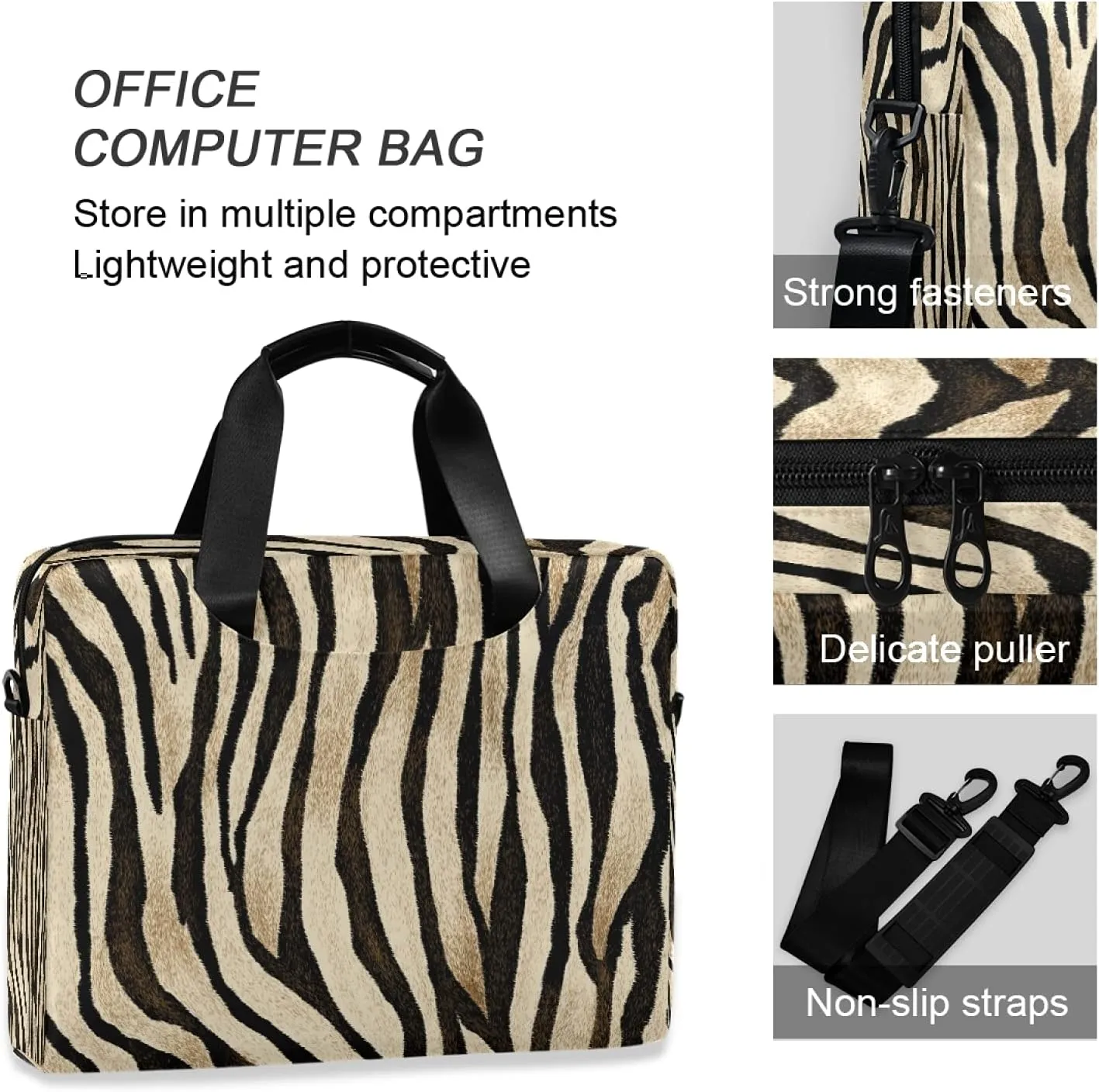 Vintage Zebra Print Animal Laptop Messenger Bag Case Sleeve Crossbody Briefcase for Men Women with Shoulder Strap Handle 13 14 15.6 inch