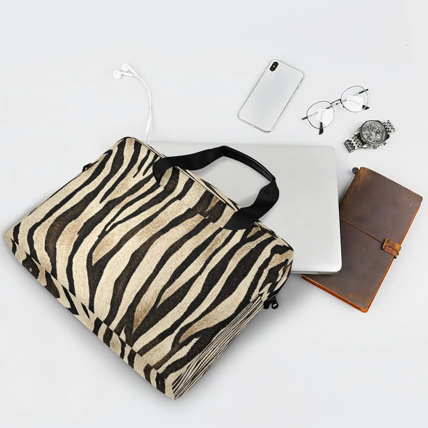 Vintage Zebra Print Animal Laptop Messenger Bag Case Sleeve Crossbody Briefcase for Men Women with Shoulder Strap Handle 13 14 15.6 inch