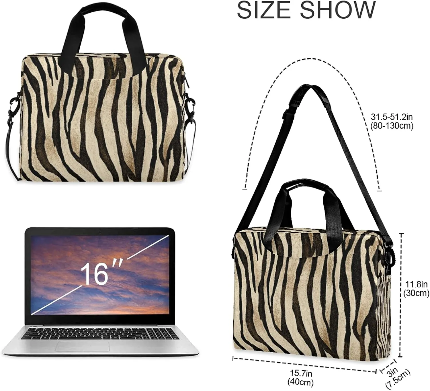 Vintage Zebra Print Animal Laptop Messenger Bag Case Sleeve Crossbody Briefcase for Men Women with Shoulder Strap Handle 13 14 15.6 inch