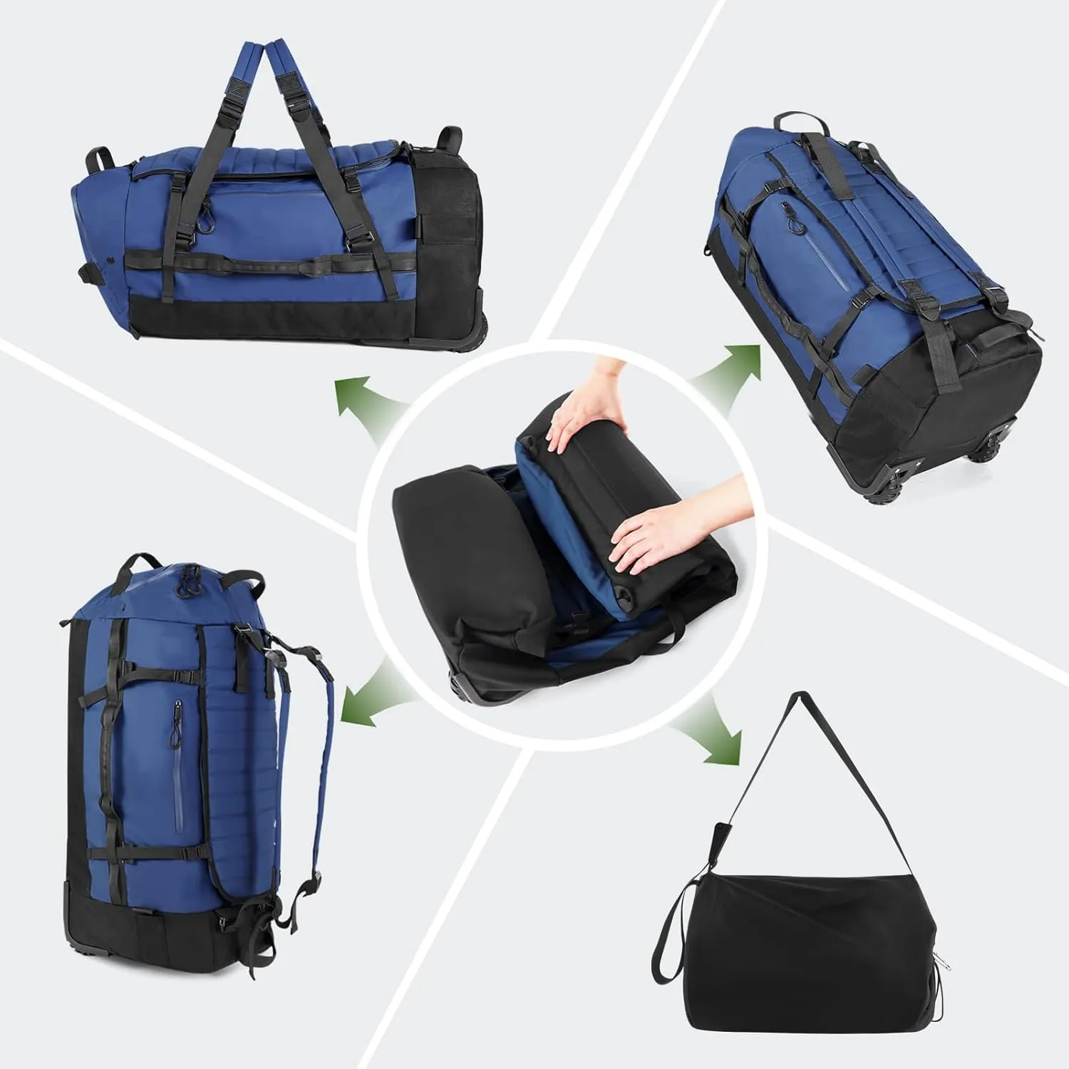Vomgomfom 86L Collapsible Wheeled Luggage With Removable Backpack Straps,Waterproof Rolling Duffle Bag with Quilted Base,Navy