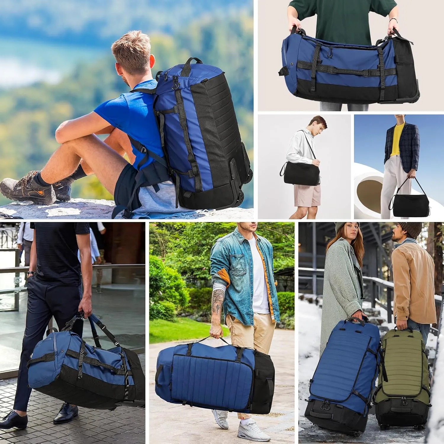 Vomgomfom 86L Collapsible Wheeled Luggage With Removable Backpack Straps,Waterproof Rolling Duffle Bag with Quilted Base,Navy