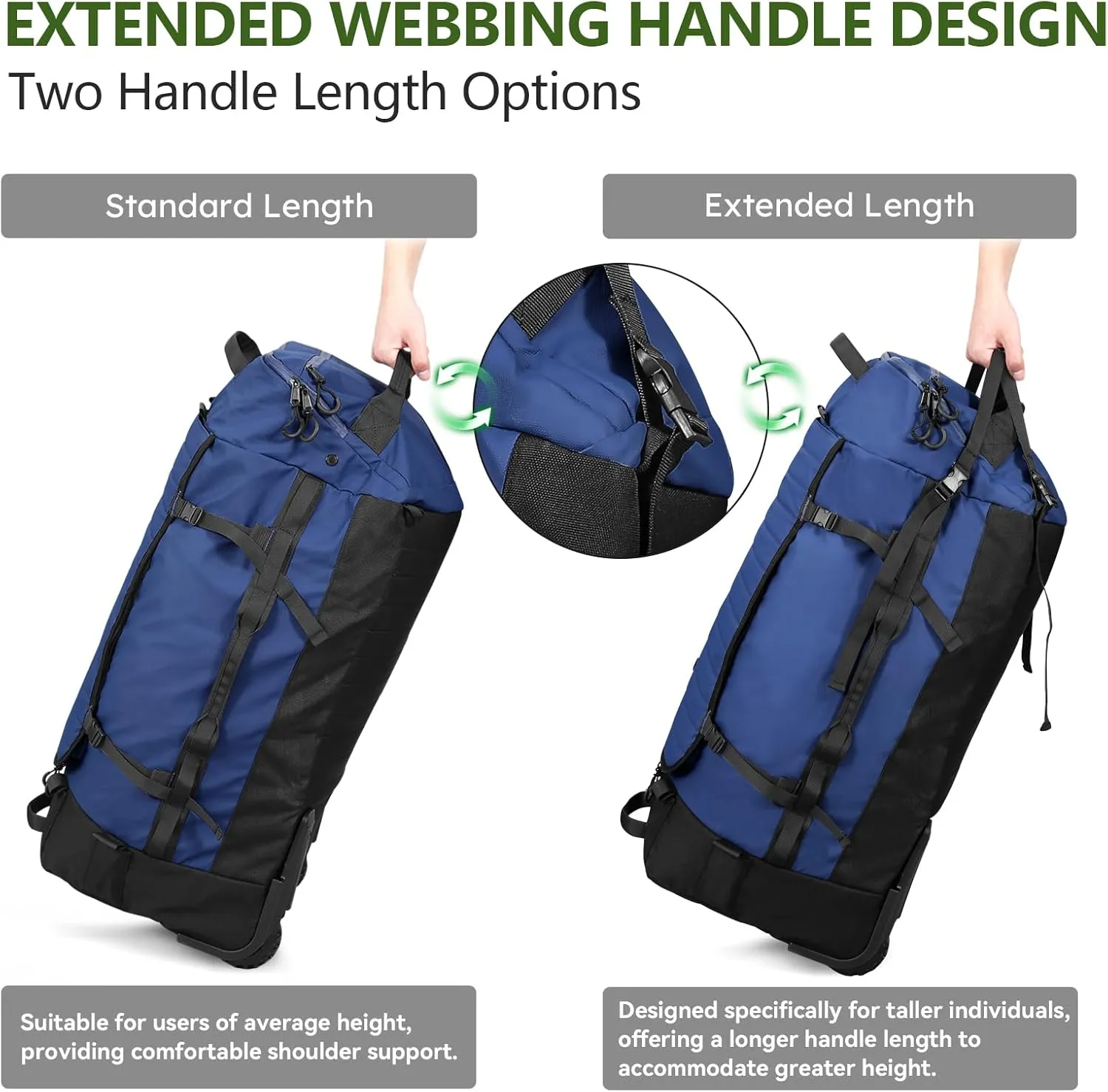 Vomgomfom 86L Collapsible Wheeled Luggage With Removable Backpack Straps,Waterproof Rolling Duffle Bag with Quilted Base,Navy