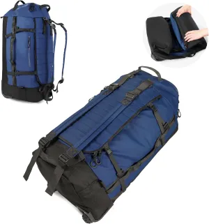 Vomgomfom 86L Collapsible Wheeled Luggage With Removable Backpack Straps,Waterproof Rolling Duffle Bag with Quilted Base,Navy