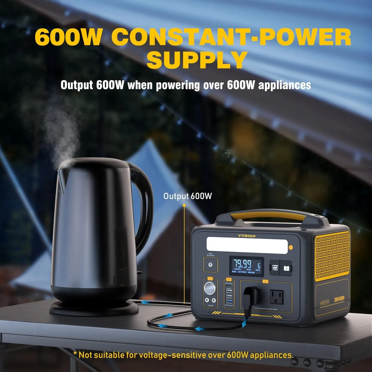 VTOMAN Jump 600X Portable Power Station, LFP Battery Powered Generator with 2x 600W AC Outlets (Surge 1200W), 4x USB ports, 3x DC Output for Outdoor Camping, Vehicle Emergency, Electric Backup