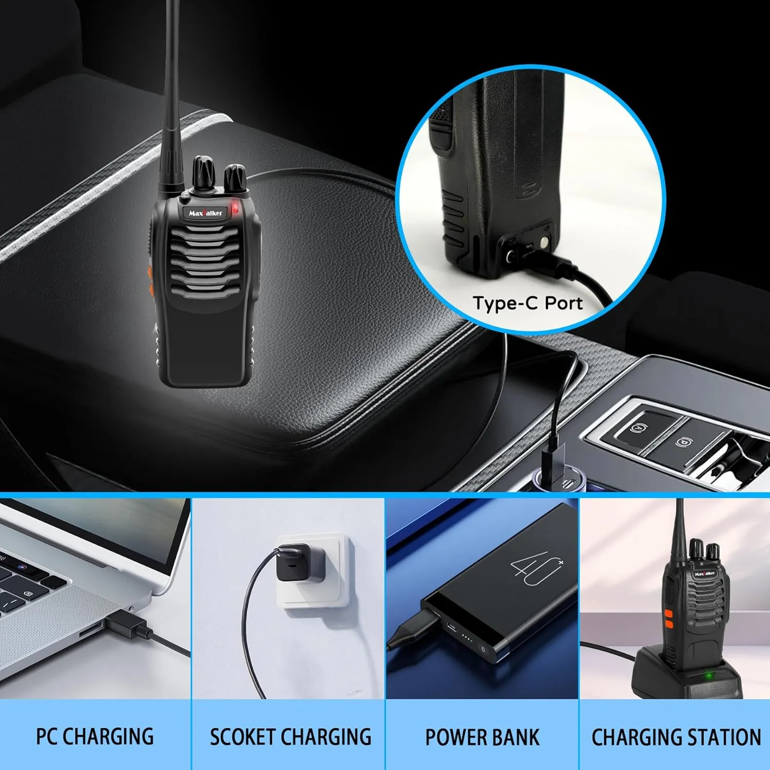 Walkie Talkies Long Range Rechargeable: MaxTalker MT-8S Radios Walkie Talkies with Earpiece, 1500mAh Battery with Type-C Charging, Construction Walkie Talkie for Adults Business Education, 10 Pack
